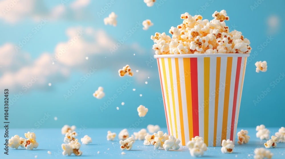 Freshly popped popcorn spilling from a striped bucket Freshly popped popcorn spilling from a striped bucket