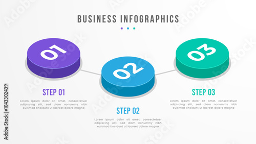 A colorful 3-step circular infographic template for business processes or project management. Includes steps 1, 2, and 3 with space for text, ideal for presentations or reports.