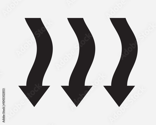 Three Arrows Pointing Point Wavy Curve Flow Descend Downwards Underneath Under Below Direction Path Navigate Black White Vector Sign Icon Shape Outline