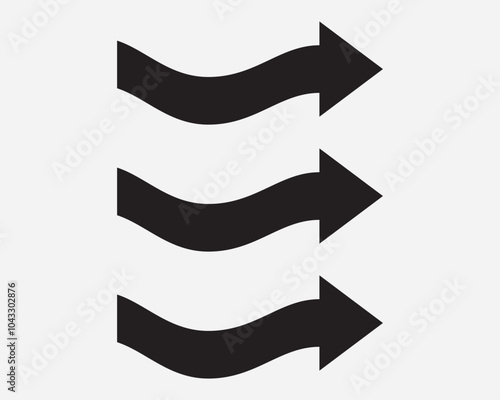 Current Flow Right Arrow Three Point Pointer Flowing Wave Path Direction Position Orientation Navigation Black White Vector Sign Icon Shape Outline