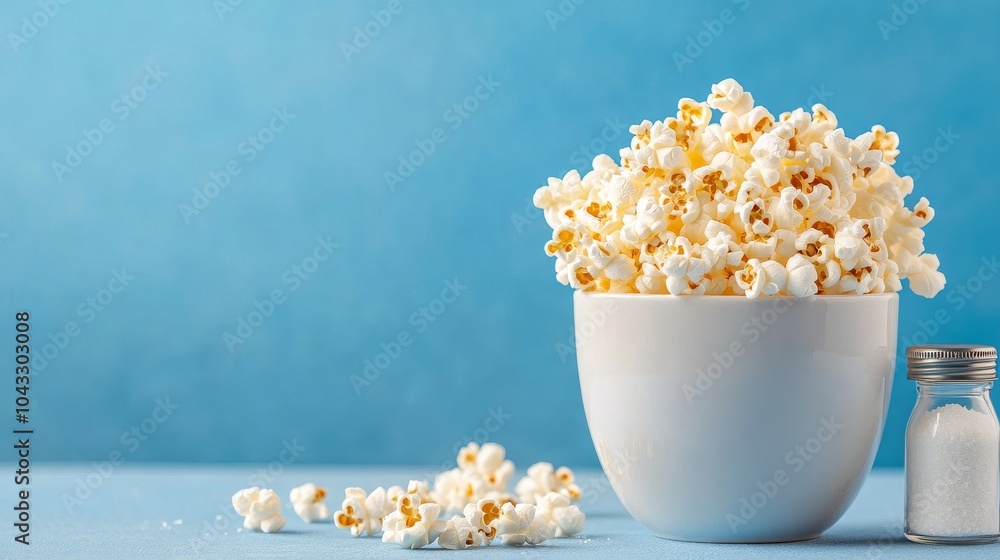 Fresh popcorn in a bowl with salt shaker on a blue background Fresh popcorn in a bowl with salt shaker on a blue background