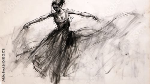 Black charcoal pencil drawing of a young active ballet dancing lady in white background with live performance