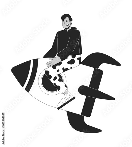 Happy indian man riding rocket black and white 2D line character. Startuper rocketship. South asian guy flying on spaceship shuttle isolated vector outline person. Monochromatic spot illustration