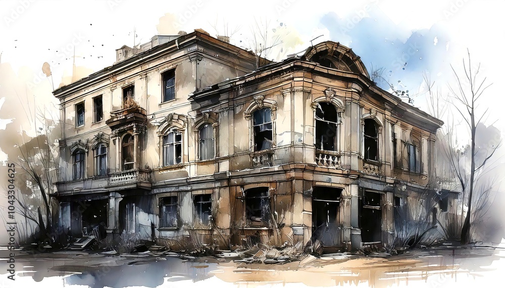 Fototapeta premium Urban Decay: A haunting watercolor painting of a dilapidated building, showcasing the decay and desolation of a once-vibrant city. Crumbling building. Illustration. Drawing. 3
