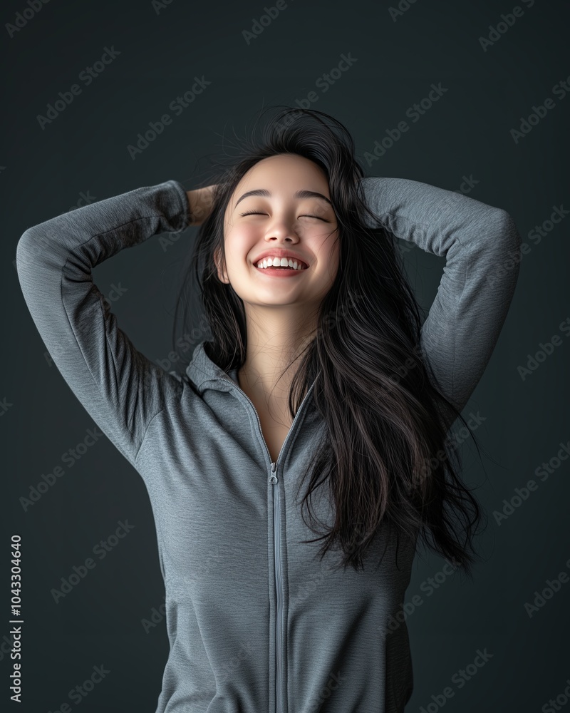 Happy Woman Stretching in a Comfortable Hoodie. Generative AI. Happy Woman Stretching in a Comfortable Hoodie. Generative AI.