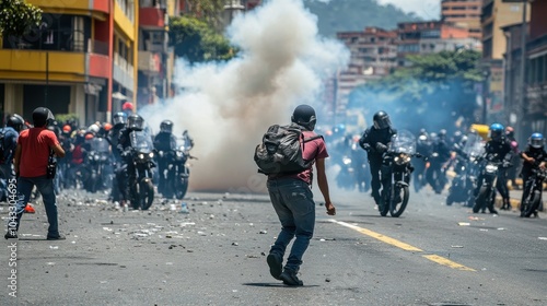 Protest Clash with Riot Police in Urban Setting