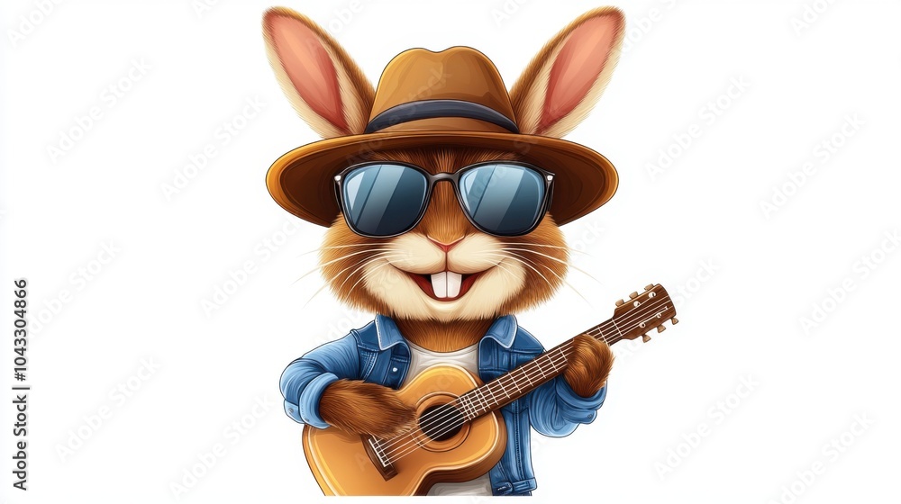 Fototapeta premium A stylish cartoon rabbit playing guitar with sunglasses and a hat, perfect for fun and whimsical themes. Playful and funny animal.
