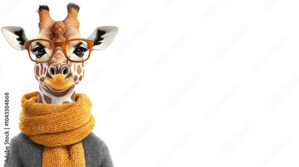 Obraz premium A stylish giraffe wearing glasses and a cozy scarf against a white isolate background. Playful and funny animal.
