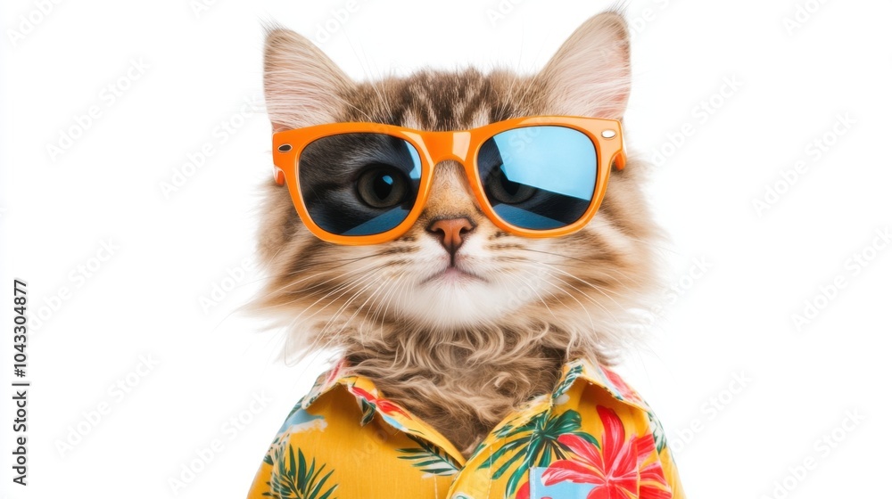 Fototapeta A stylish cat wearing sunglasses and a tropical shirt, posing confidently on a white background. Playful and funny animal.