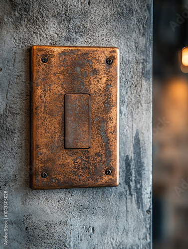 A vintage brass light switch on a textured wall.