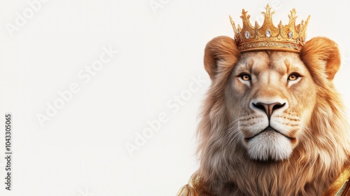 Majestic lion wearing a golden crown, white isolated background. Playful and funny animal. photo