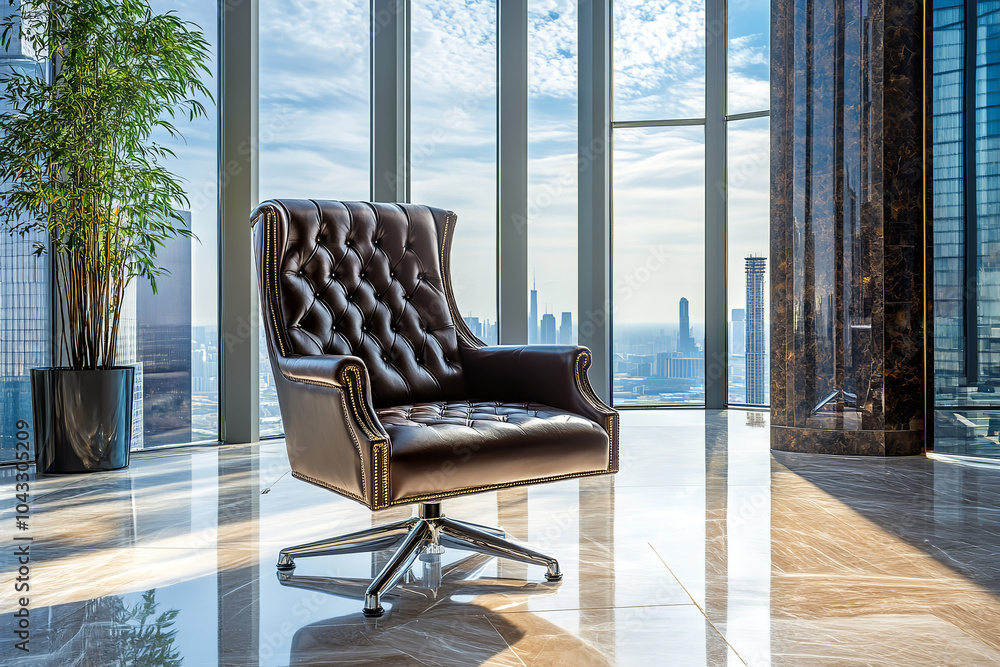 Luxurious Leather Executive Chair with Skyline View in Corporate Office Luxurious Leather Executive Chair with Skyline View in Corporate Office
