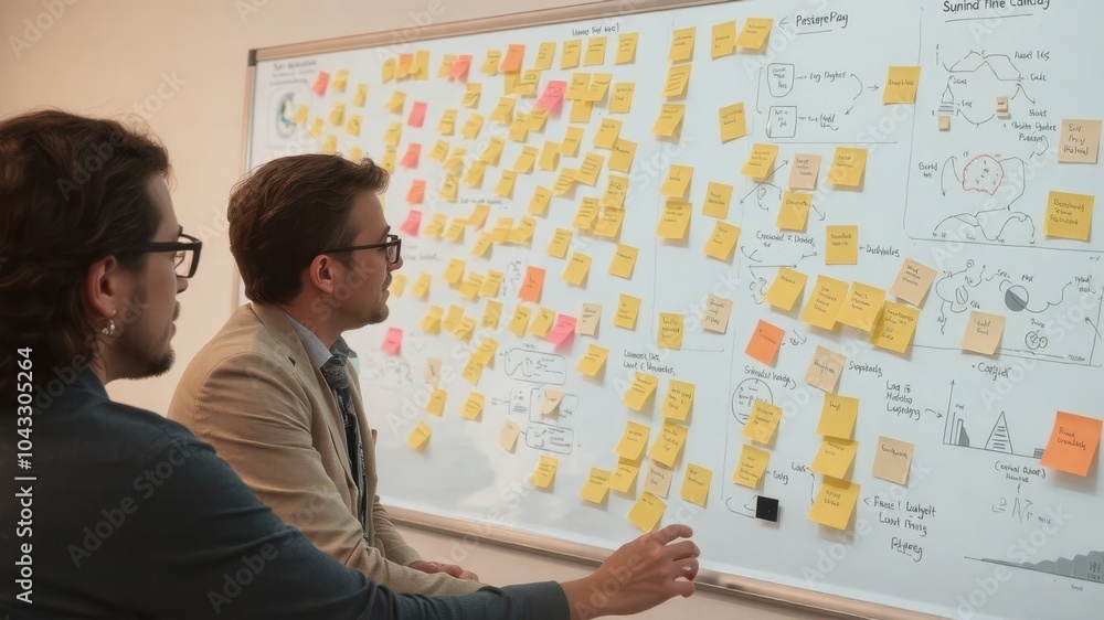Two men are looking at a whiteboard with lots of sticky notes on it Brainstorming and Collaborative Strategies concept. Two men are looking at a whiteboard with lots of sticky notes on it Brainstorming and Collaborative Strategies concept.
