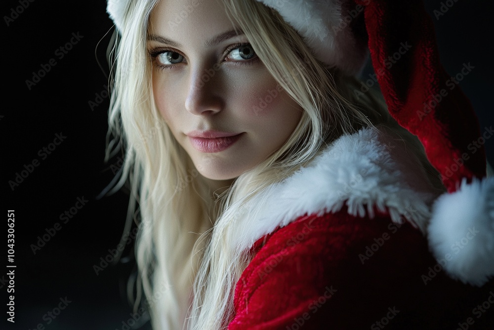 Beautiful woman wearing Santa claus costume and hat on black background. Generative Ai Beautiful woman wearing Santa claus costume and hat on black background. Generative Ai