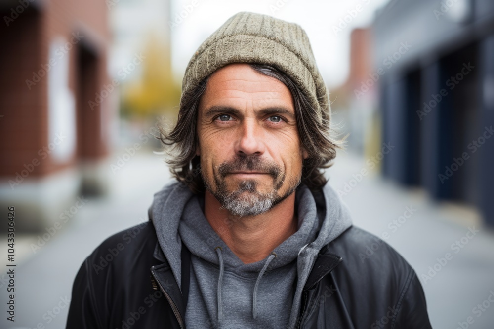 Handsome middle aged man with grey hair and beard wearing a winter hat in an urban environment Handsome middle aged man with grey hair and beard wearing a winter hat in an urban environment
