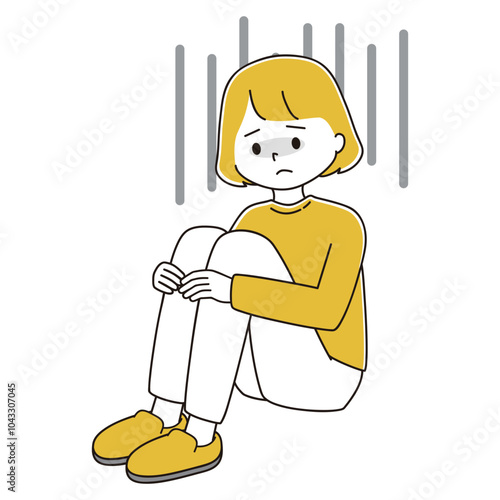 落ち込んで三角座りをする女性のイラスト	
