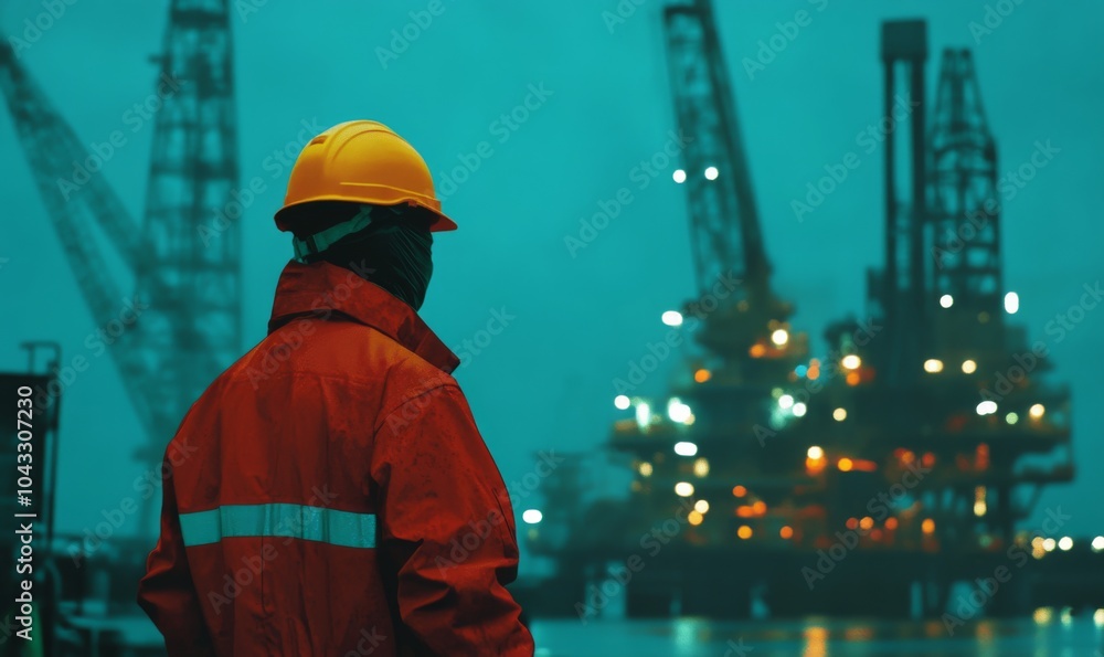 Worker Observing Offshore Oil Rig Operations Worker Observing Offshore Oil Rig Operations