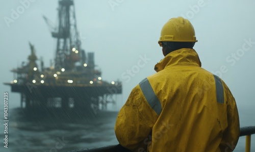 Worker Observing Offshore Oil Rig Operations