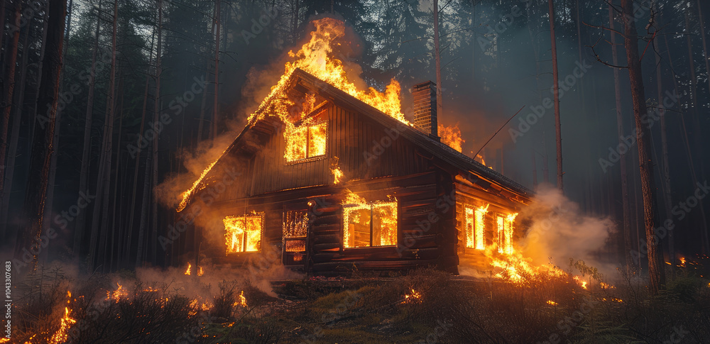A wooden cabin in the forest burning during a dark night. A wooden cabin in the forest burning during a dark night.