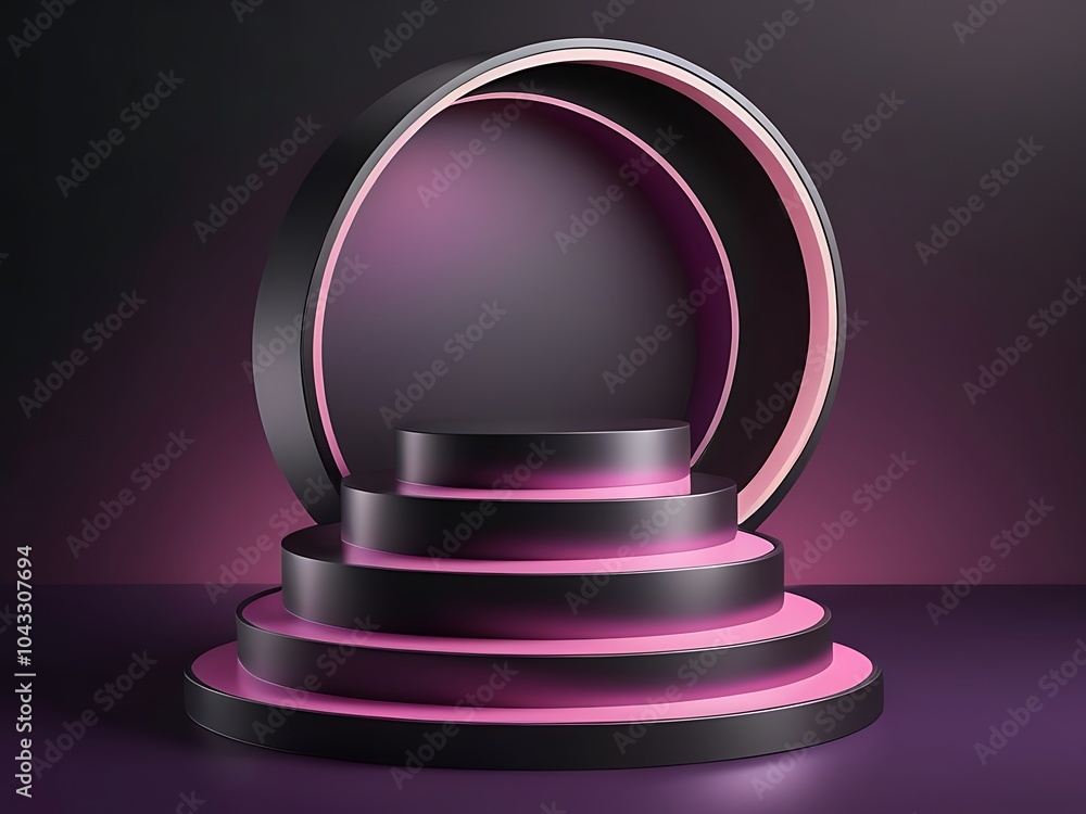 beauty style black product display podium with pink purple gradient stripe 3d illustration vector on dark background beauty style black product display podium with pink purple gradient stripe 3d illustration vector on dark background