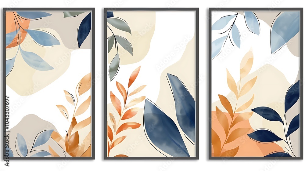 Three Poster Frame with Modern Abstract Geometric Shapes, Floral Artwork Wall decoration Background Three Poster Frame with Modern Abstract Geometric Shapes, Floral Artwork Wall decoration Background