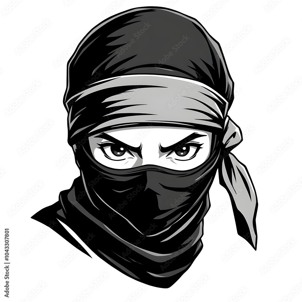 stylized black and white ninja face with bandana and mask, ninja face, logo icon, person stylized black and white ninja face with bandana and mask, ninja face, logo icon, person