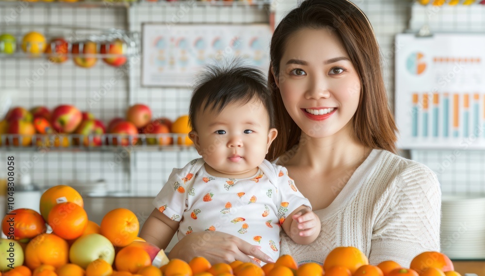 Fototapeta premium A mother happily cooking in the kitchen while holding her baby during family meal preparation