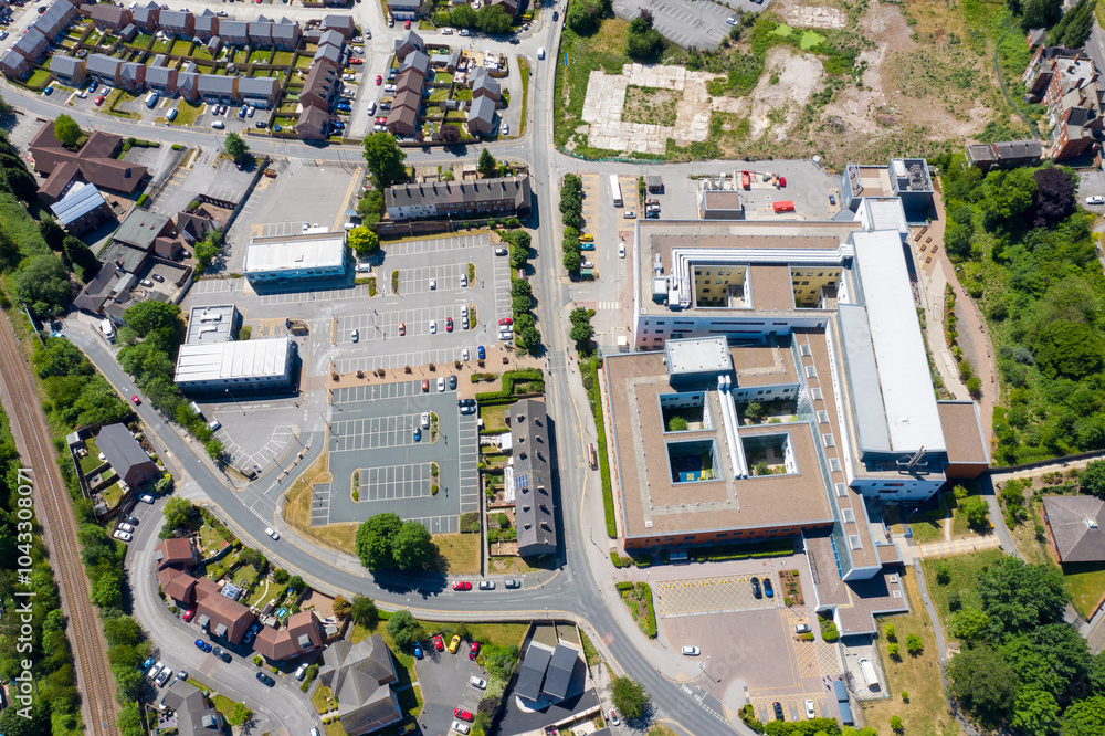 Straight down top aerial photo of the Pontefract Hospital located in the village of Pontefract in Wakefield in the UK on a sunny summers day showing the Hospital and grounds