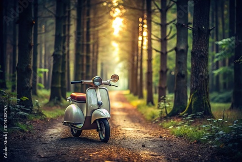 Dark vintage scooter lost in the forest at night photo