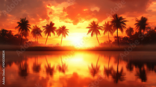 stunning sunset over tranquil lake, with silhouettes of palm trees reflecting on waters surface, creating serene and picturesque scene