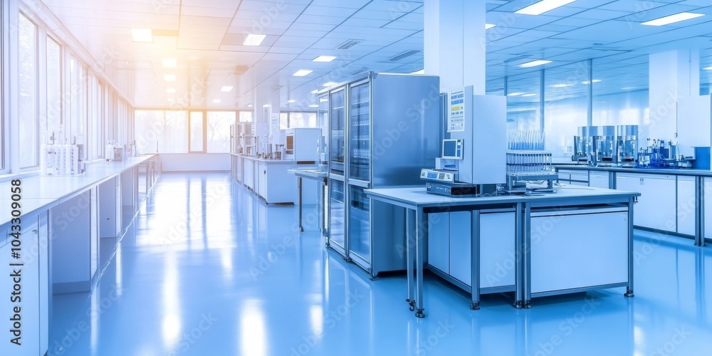 Modern laboratory interior with sterile white equipment and large windows. Modern laboratory interior with sterile white equipment and large windows.