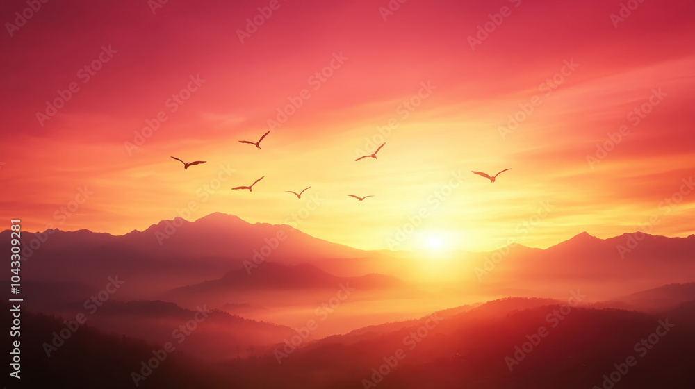 Naklejka premium breathtaking sunset over mountains with birds flying across sky, creating serene and peaceful atmosphere. vibrant colors evoke sense of tranquility and beauty
