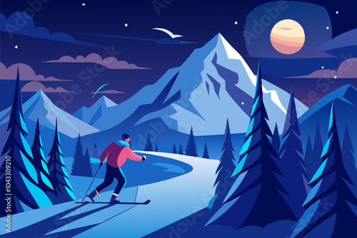 Winter night adventure: skiing under the moonlit mountains for winter sports enthusiasts and nature lovers