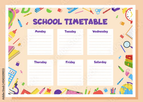 School timetable, lesson schedule and organizer template. Study weekly planner with school supplies.