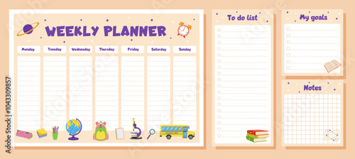 Weekly planner, to do list, notes, goals for children. School timetable, lesson schedule and organizer template with school supplies.