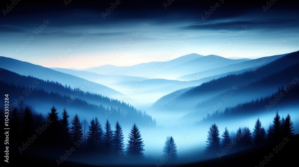 Fototapeta premium Misty blue mountains and evergreen trees create serene landscape, evoking sense of calm and tranquility. layers of hills fade into distance, enhancing peaceful atmosphere