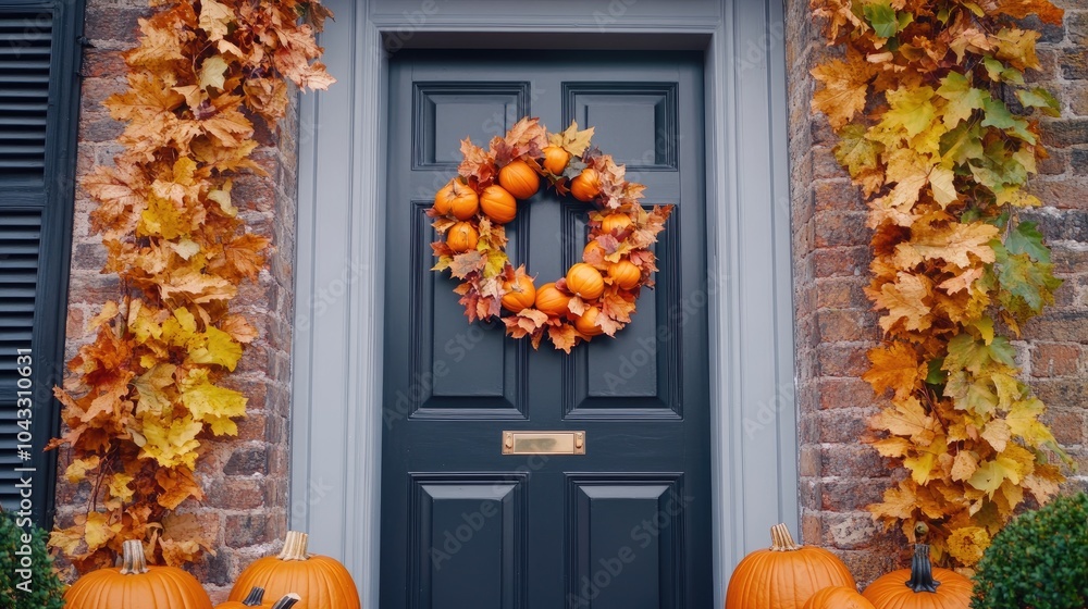 Obraz premium Front door decorated with pumpkins. Perfect for autumn or Thanksgiving greetings.