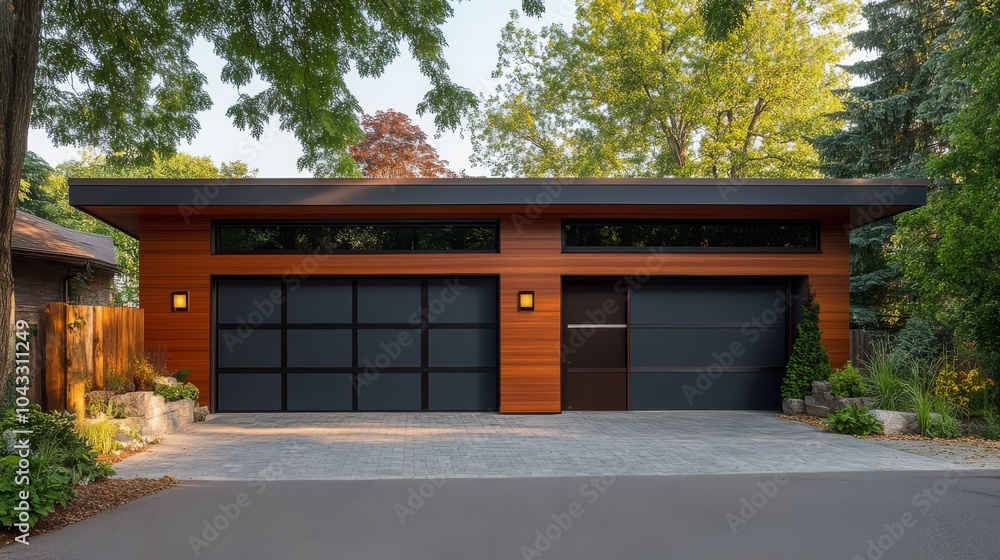 Modern Garage Design: Sleek and stylish, this contemporary two-car garage boasts a striking combination of dark grey and warm wood paneling. Modern Garage Design: Sleek and stylish, this contemporary two-car garage boasts a striking combination of dark grey and warm wood paneling.