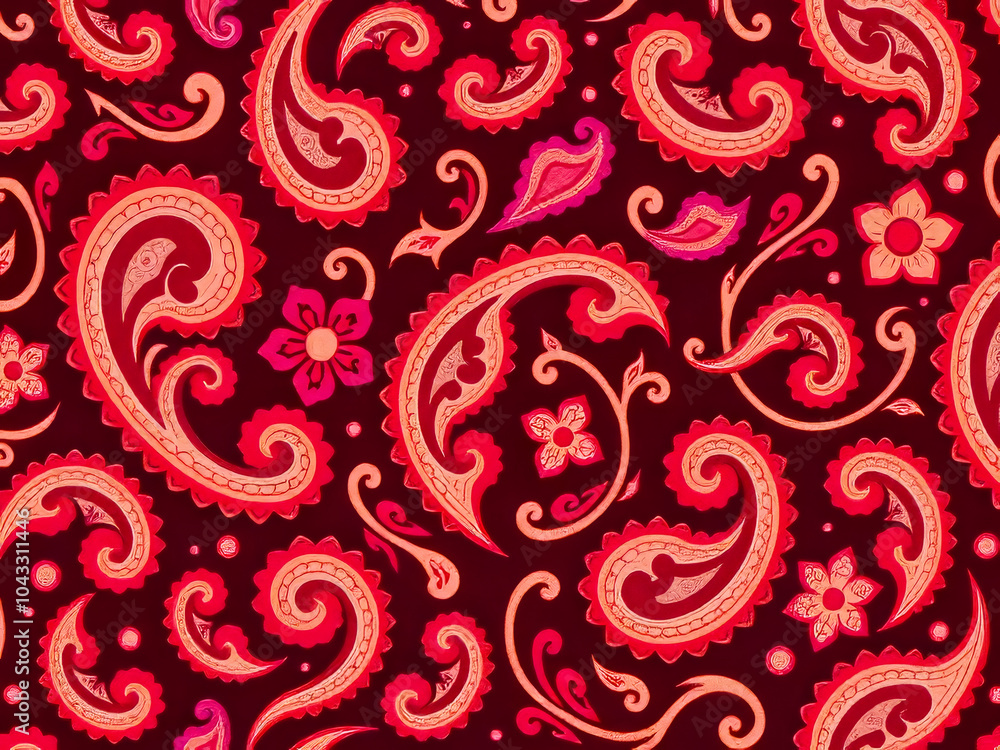 A red and pink paisley patterned fabric. The paisley pattern is very intricate and detailed