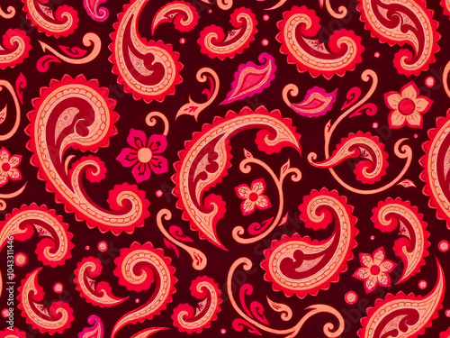 Obraz na płótnie A red and pink paisley patterned fabric. The paisley pattern is very intricate and detailed w salonie