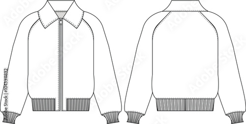 collared balloon long sleeve ribbed hem  cuff zippered loose slouchy raglan jacket coat sweatshirt  template technical drawing flat sketch cad mockup fashion man unisex woman design style model 
