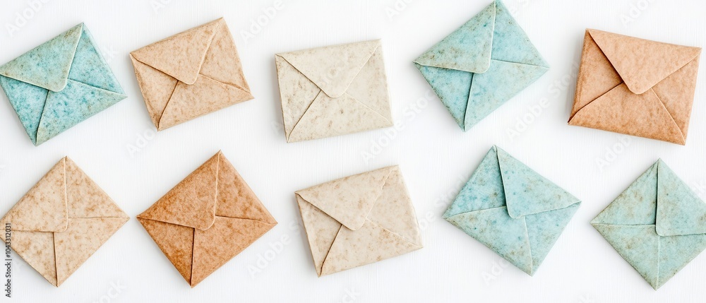 Nine colorful envelopes arranged on a white background. Nine colorful envelopes arranged on a white background.