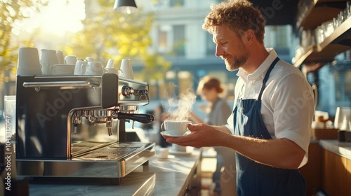 Barista making coffee in cafe.