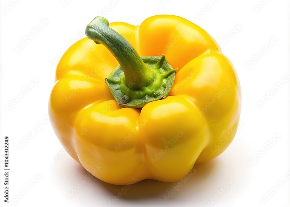 A vibrant yellow pepper, viewed from above, stands out against a pristine white backdrop. A vibrant yellow pepper, viewed from above, stands out against a pristine white backdrop.