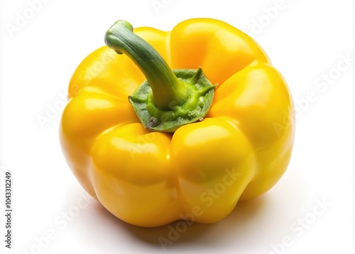 A vibrant yellow pepper, viewed from above, stands out against a pristine white backdrop.