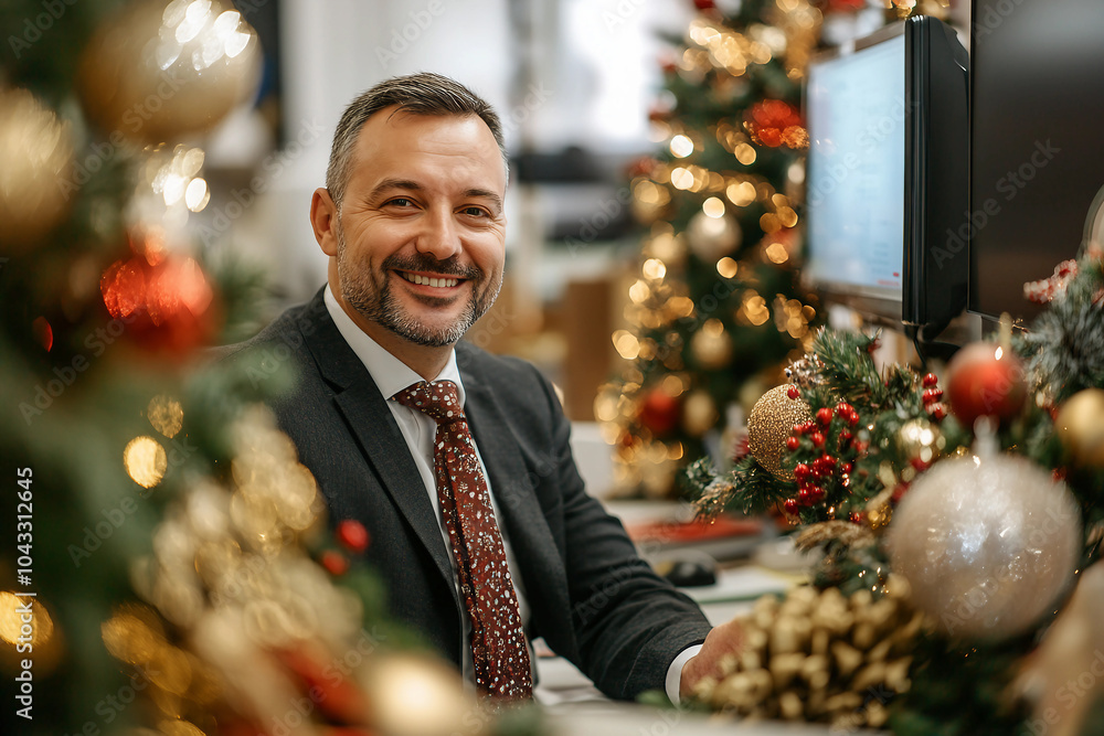 Cozy christmas holiday decorations in office created with generative ai technology Cozy christmas holiday decorations in office created with generative ai technology