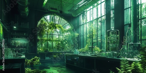 Overgrown greenhouse with large windows and lush foliage.