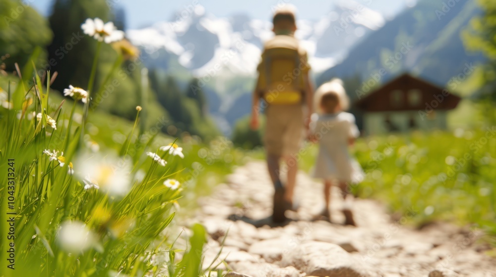 A serene scene of a parent and child walking along a rocky path amidst lush greenery and majestic mountains in the background.