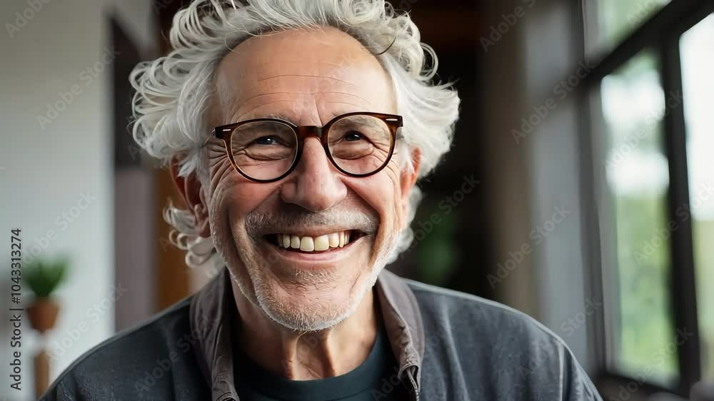 Happy senior man with grey hair and glasses smiling indoors Happy senior man with grey hair and glasses smiling indoors