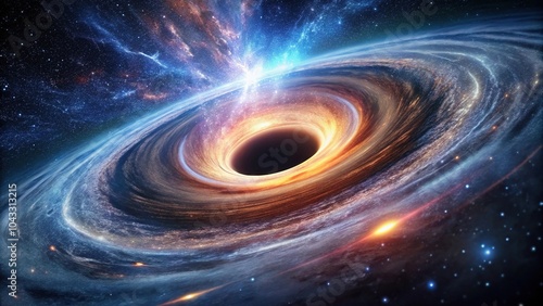 Cosmic black hole event horizon with swirling accretion disk and starlight, black hole, space photo